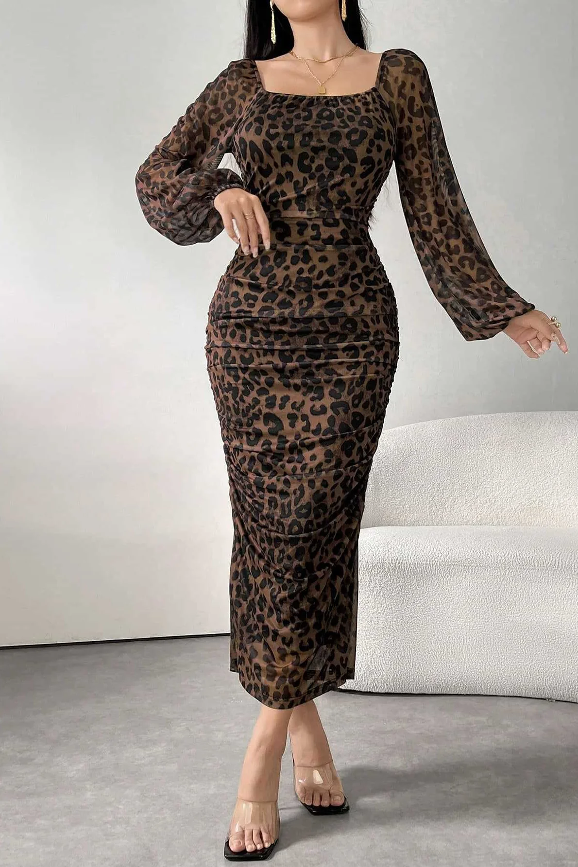 Ruffled Leopard Mesh Long Sleeve Maxi Dress - Image 5