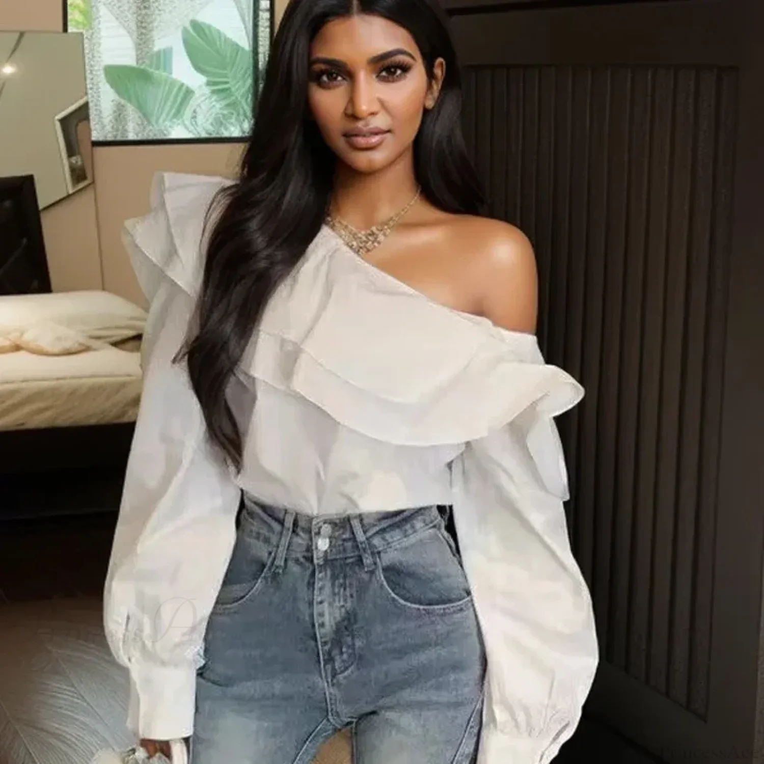 Ruffled Off Shoulder Slim Fit Casual Long Sleeve Blouse - Image 2