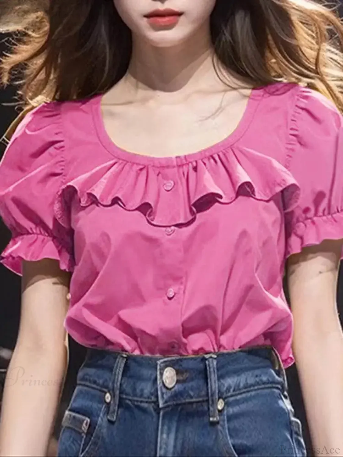 Ruffled Solid Puff Sleeve Casual Tunic Blouse - Image 2