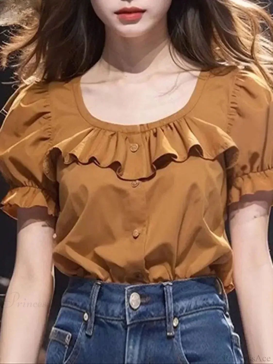Ruffled Solid Puff Sleeve Casual Tunic Blouse - Image 3