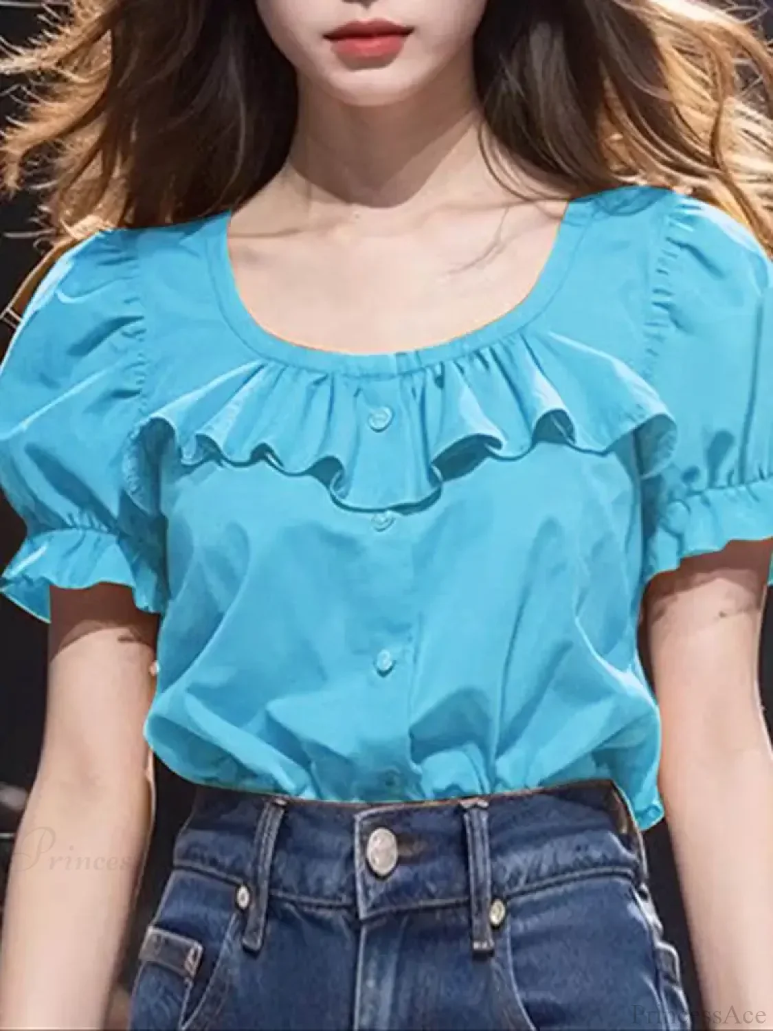 Ruffled Solid Puff Sleeve Casual Tunic Blouse - Image 4