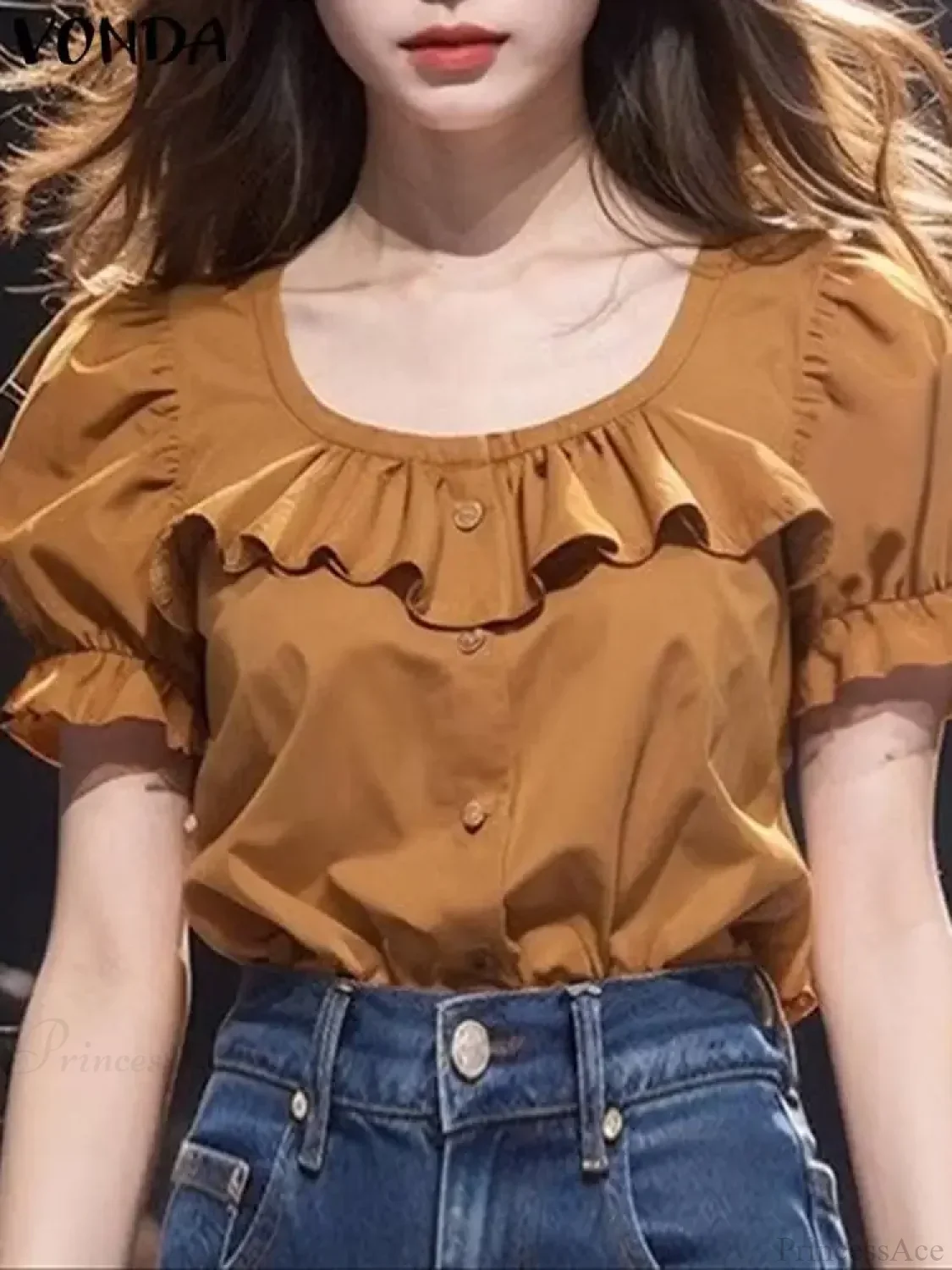 Ruffled Solid Puff Sleeve Casual Tunic Blouse - Image 5