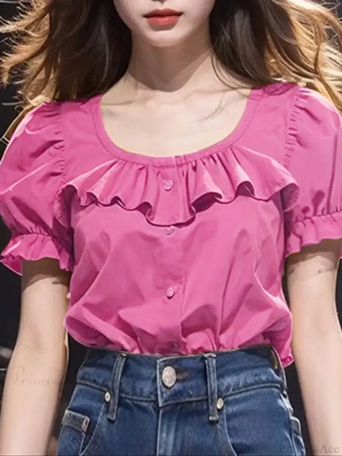 Ruffled Solid Puff Sleeve Casual Tunic Blouse - Image 6