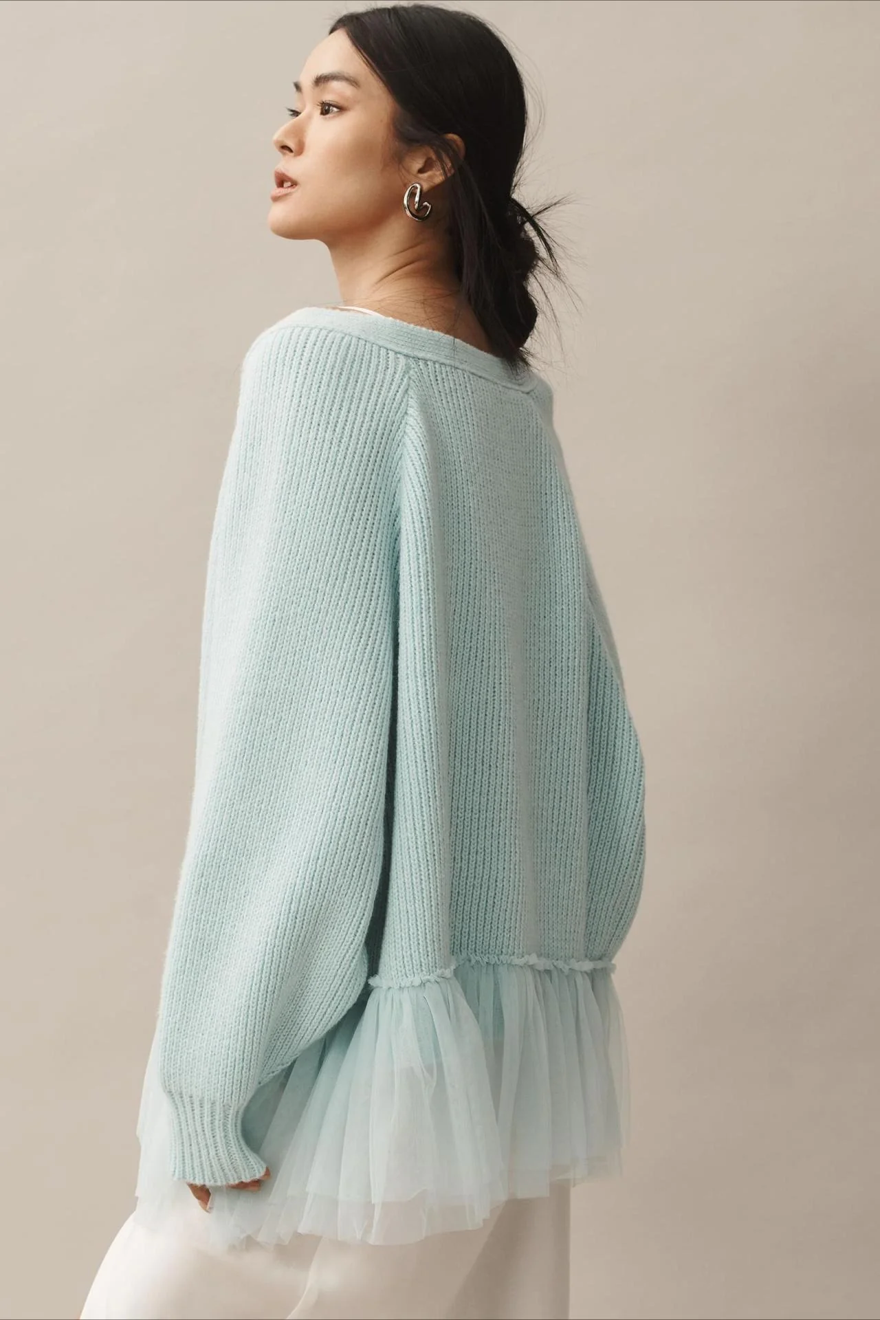 Ruffled Tulle Knit Long-Sleeve Cardigan - Image 4