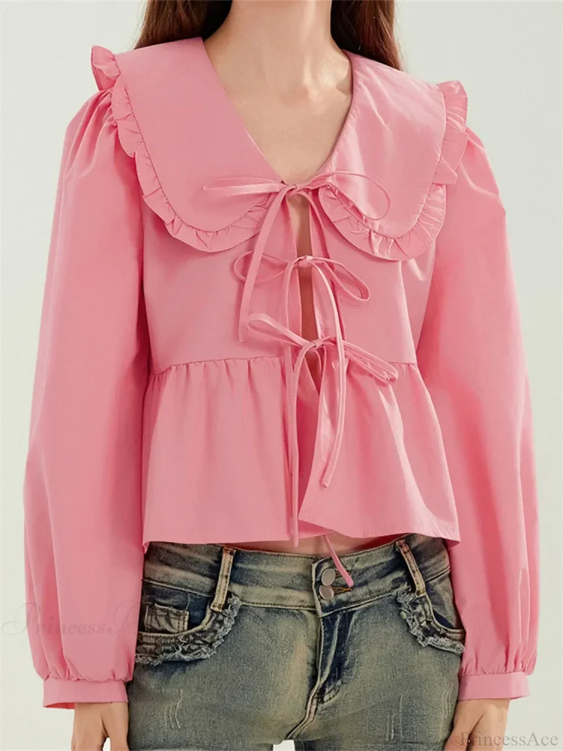 Ruffled Turn-Down Neck Tie-Up Blouse - Image 2