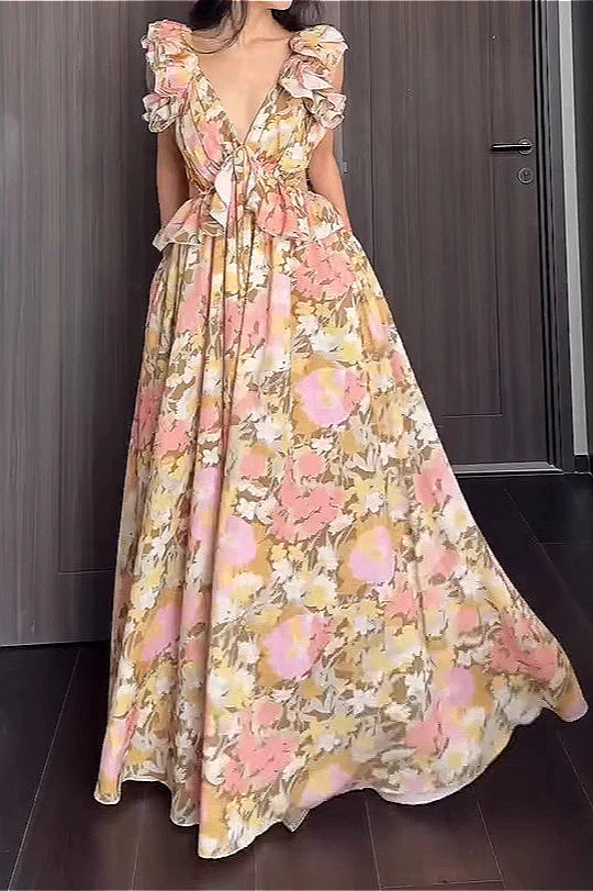 Ruffled V Neck Sleeveless Slim Fit Floral Dress