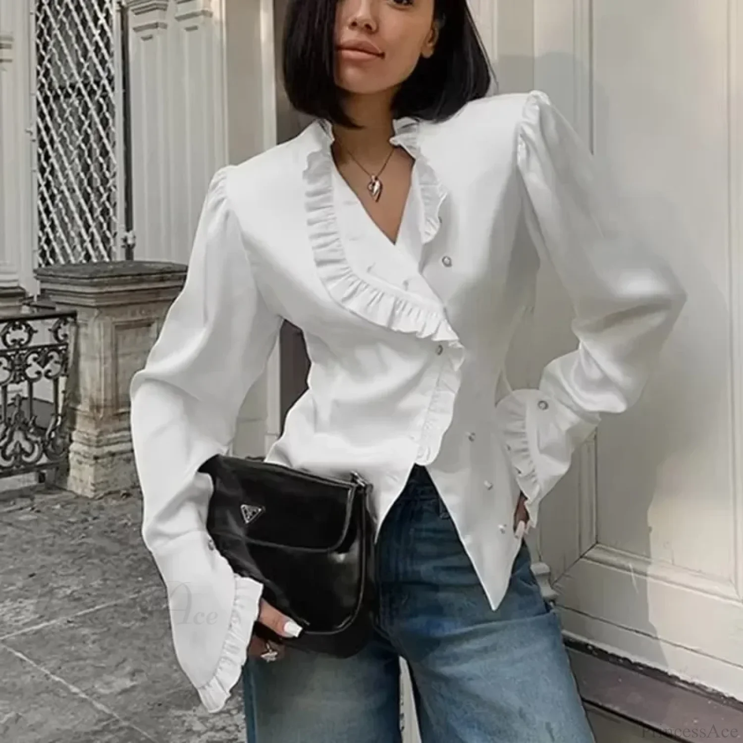 Ruffled White Long Sleeve Blouse - Image 3