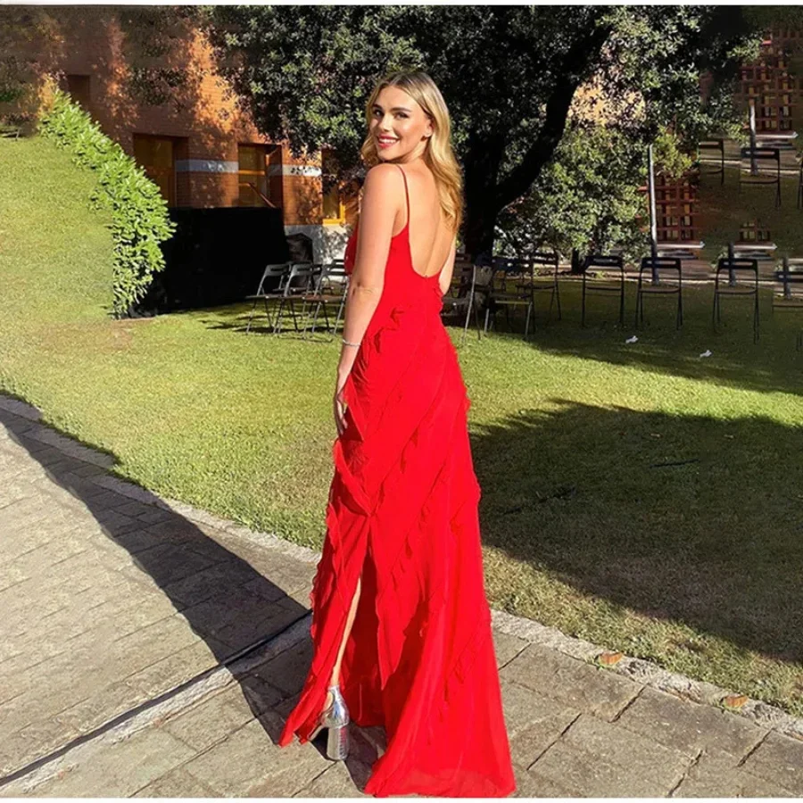 Ruffles Chiffon Maxi Dresses Backless Split Sexy Long Summer Wedding Party Dress - Image 3