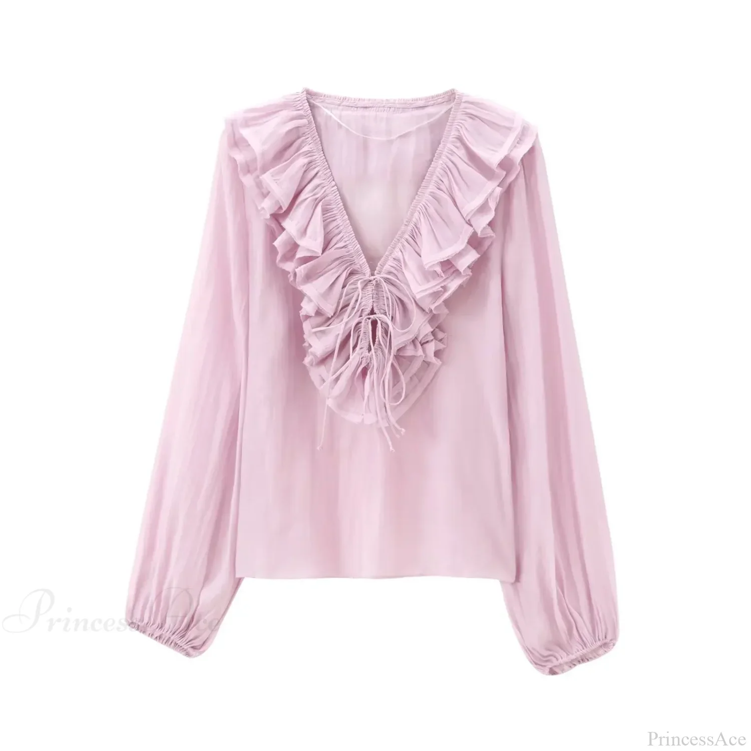 Ruffles Deep V-Neck Lace-Up Loose Oversize Boho Blouse - Image 4