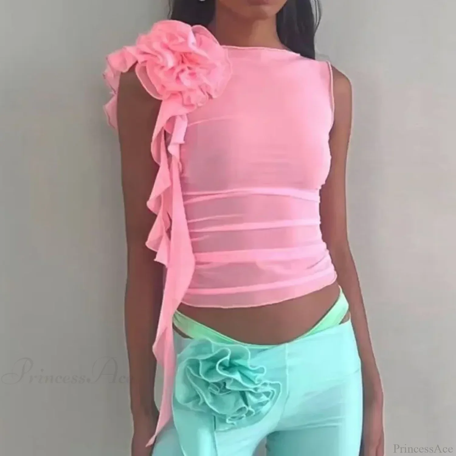 Ruffles Floral Mesh Sheer Chic Elegant See Through Slim Crop Top - Image 9