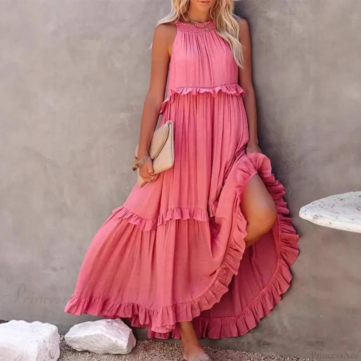 Ruffles Sexy Split Halter Sleeveless Big Hem Maxi Boho Dress - Image 2