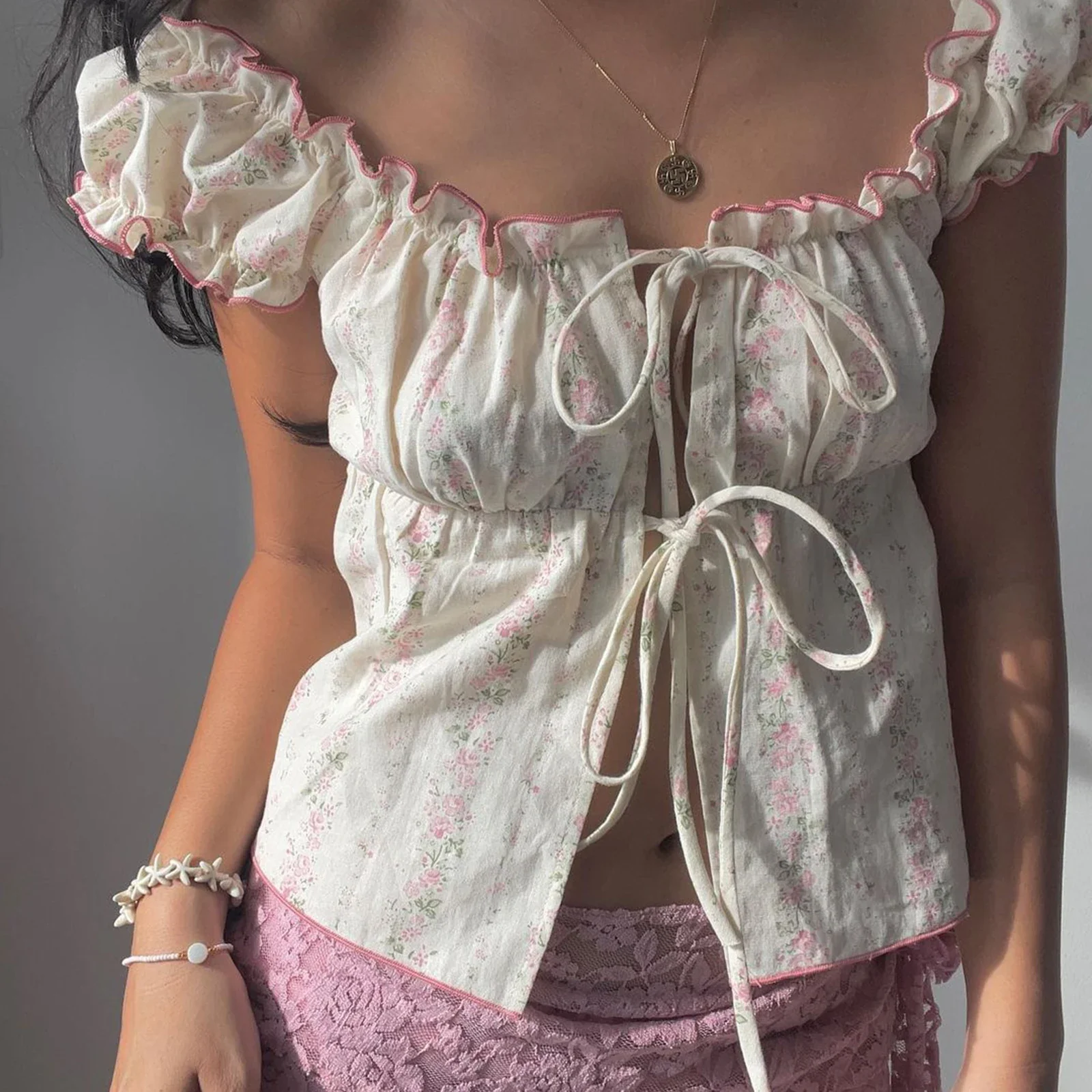 Ruffles Tie-Up Cap Crop Top