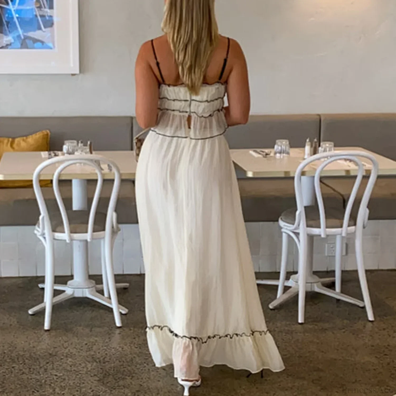 Ruffles Tie-Up Crop Top A-line Maxi Skirt Two Pieces Set - Image 3