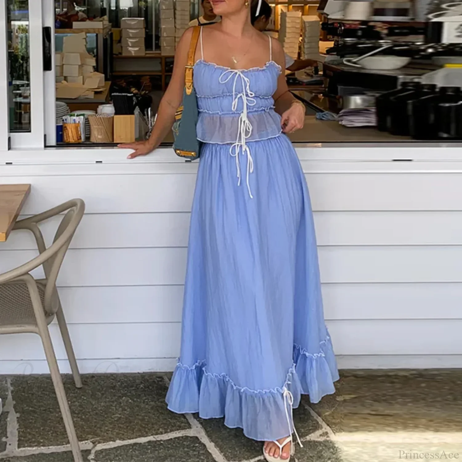 Ruffles Tie-Up Crop Top A-line Maxi Skirt Two Pieces Set - Image 5