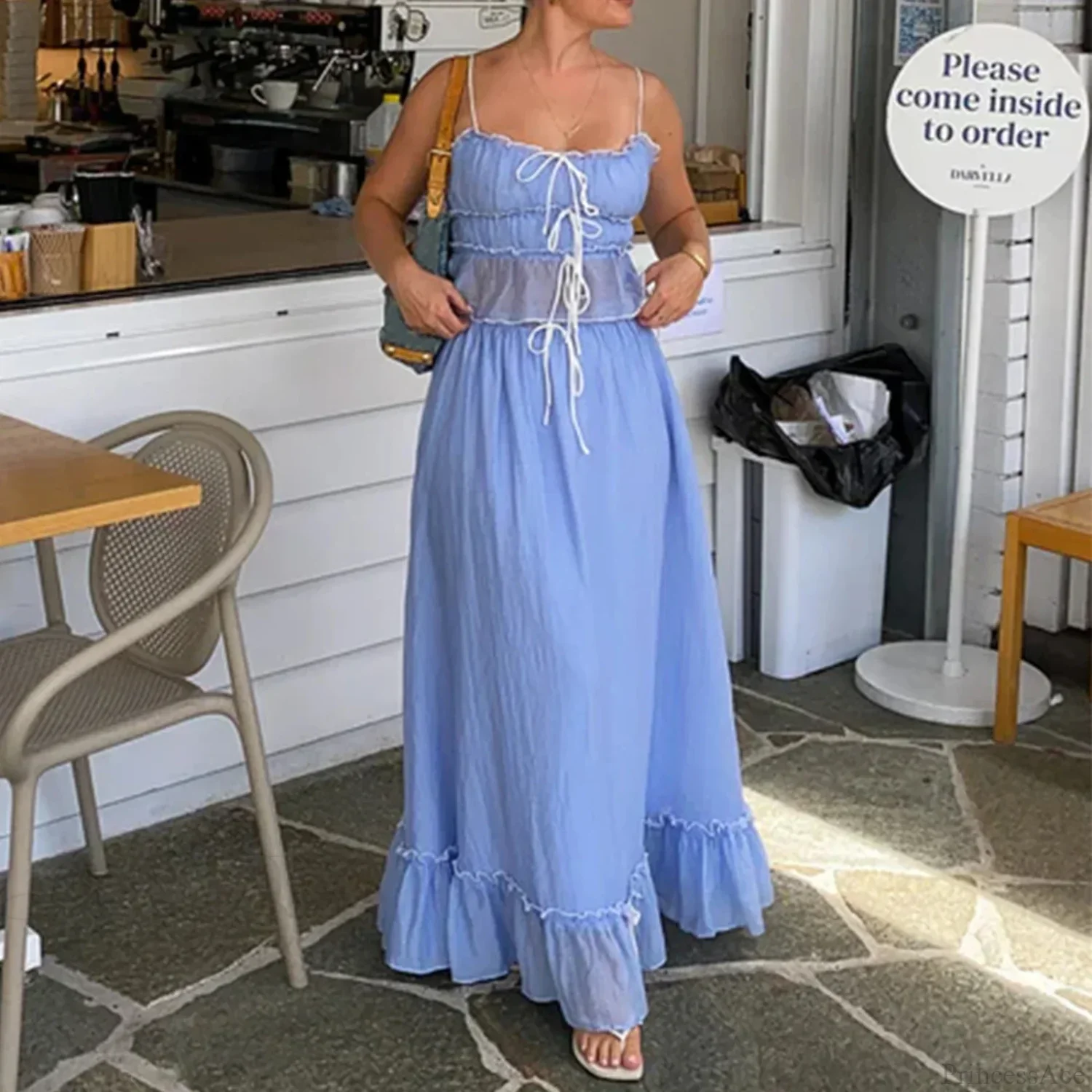 Ruffles Tie-Up Crop Top A-line Maxi Skirt Two Pieces Set - Image 6