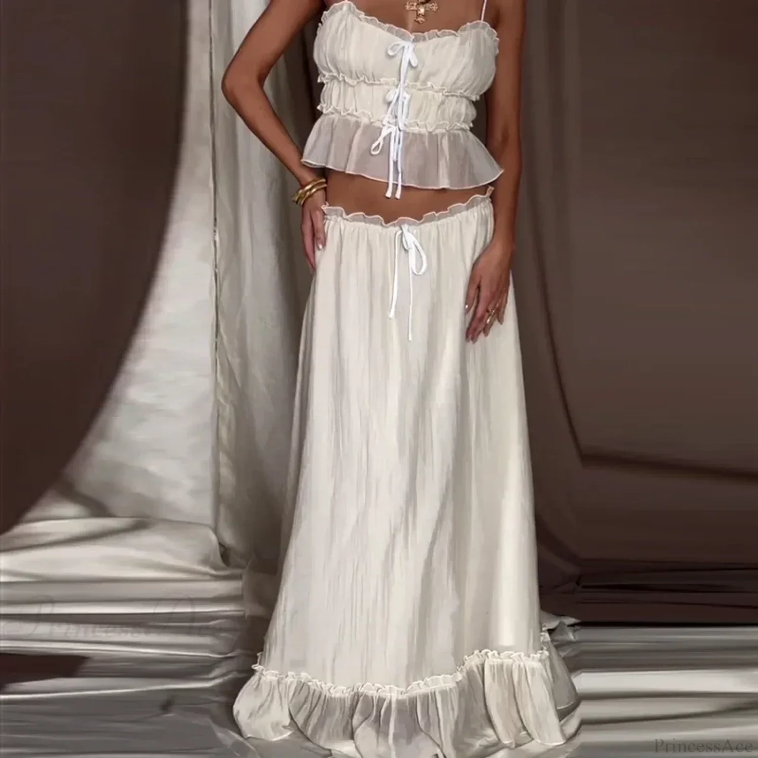 Ruffles Tie-Up Front Camis Crop Top Maxi Skirt Two Pieces Set - Image 2