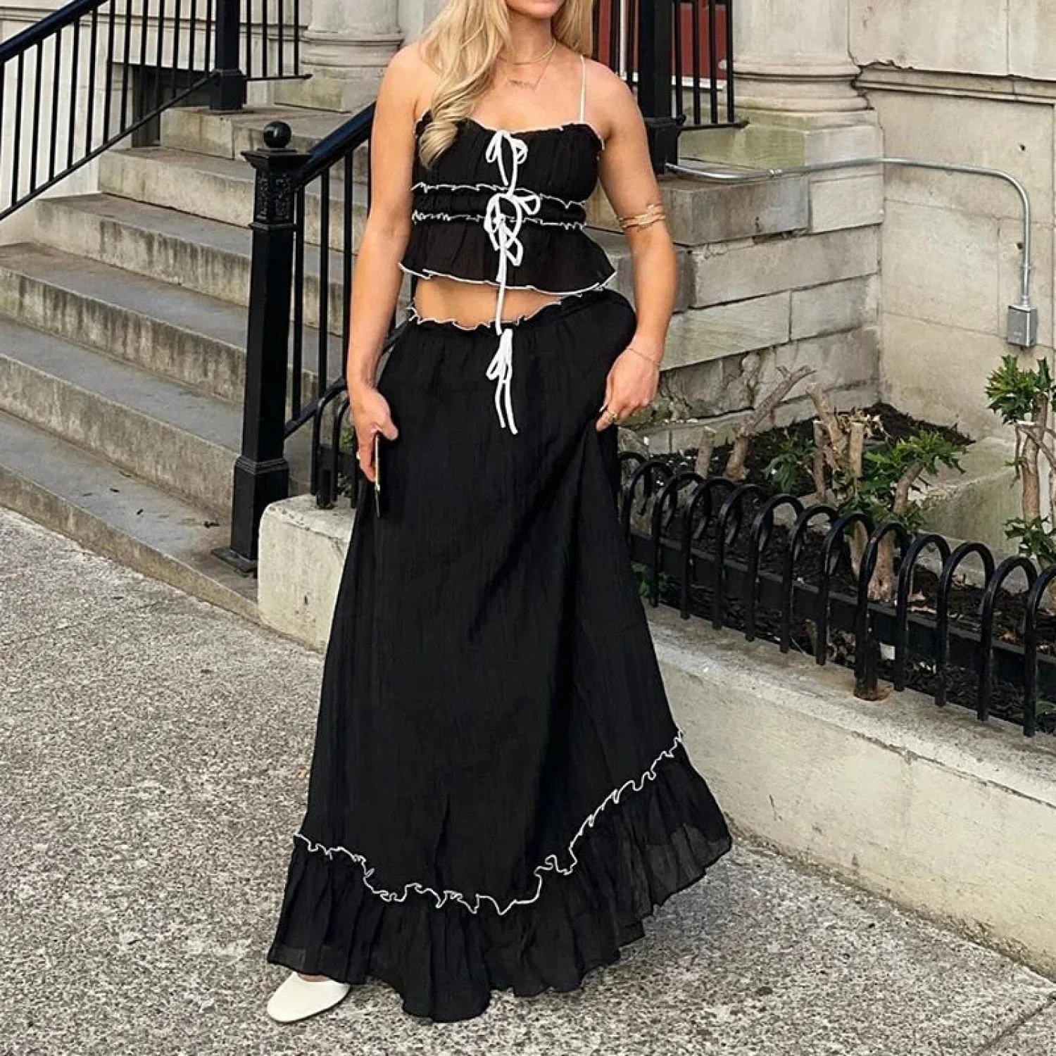 Ruffles Tie-Up Front Camis Crop Top Maxi Skirt Two Pieces Set - Image 6