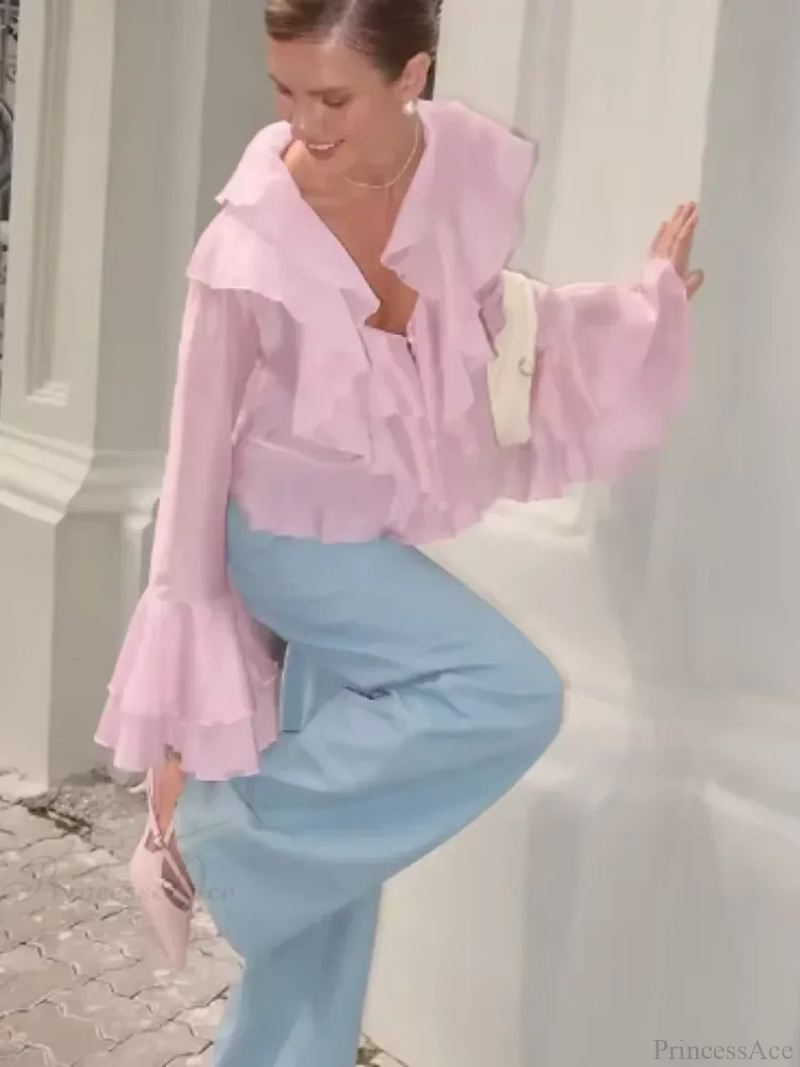 Ruffles V Neck Pink Chiffon Blouse - Image 2