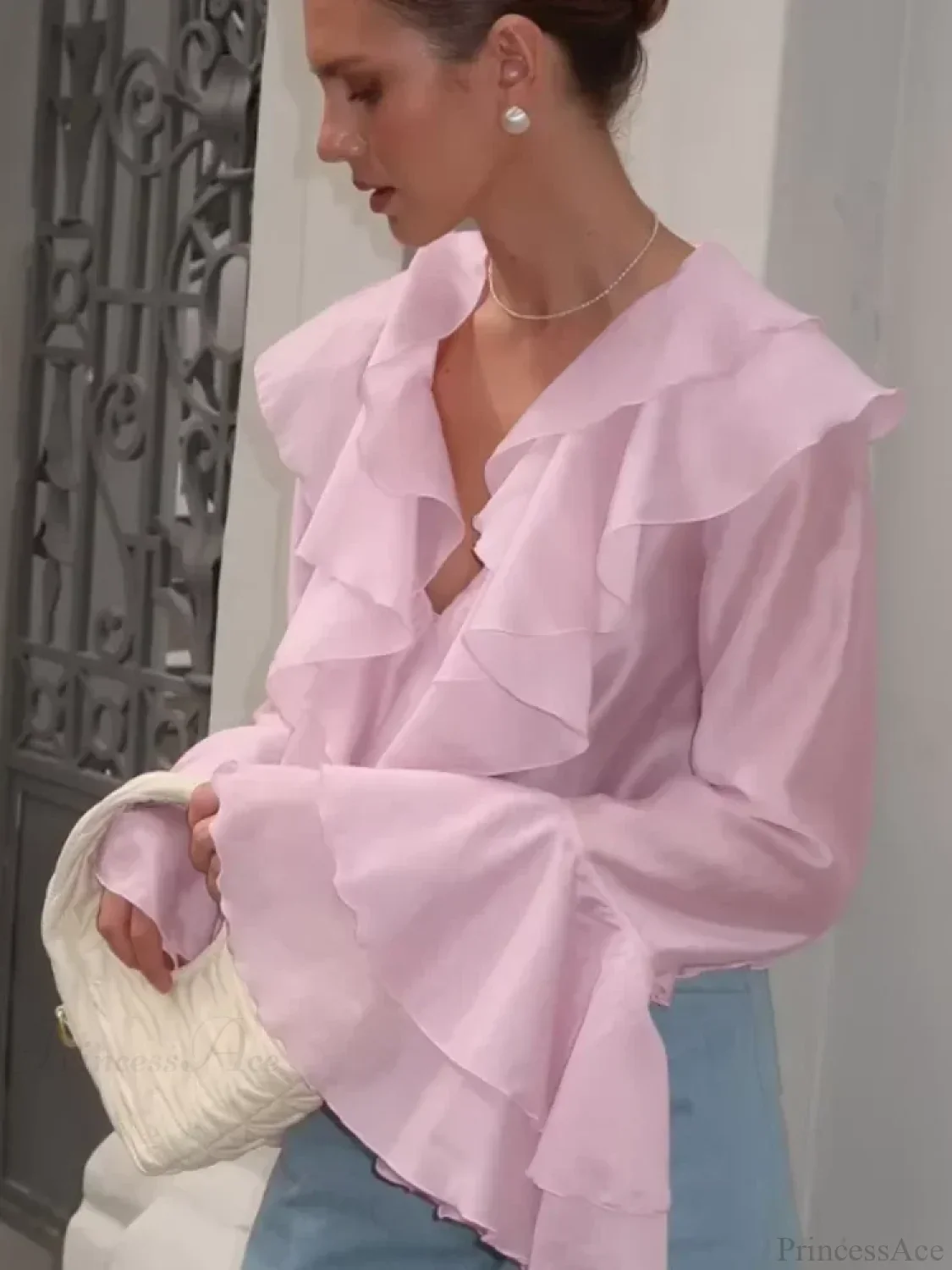 Ruffles V Neck Pink Chiffon Blouse - Image 3