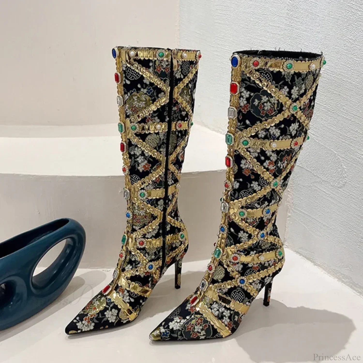 RunwayFashion Color Gem Embroider Pointed Toe Zip Stripper Heels Booties High Heel - Image 4