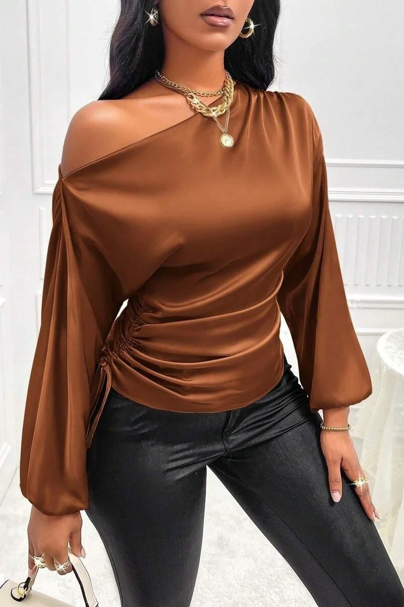 Satin Asymmetric Collar Ruched Waist Long Sleeve Tee - Image 8
