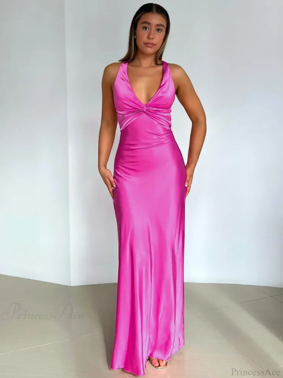 Satin Backless Ruched Vacation Dress - Image 3