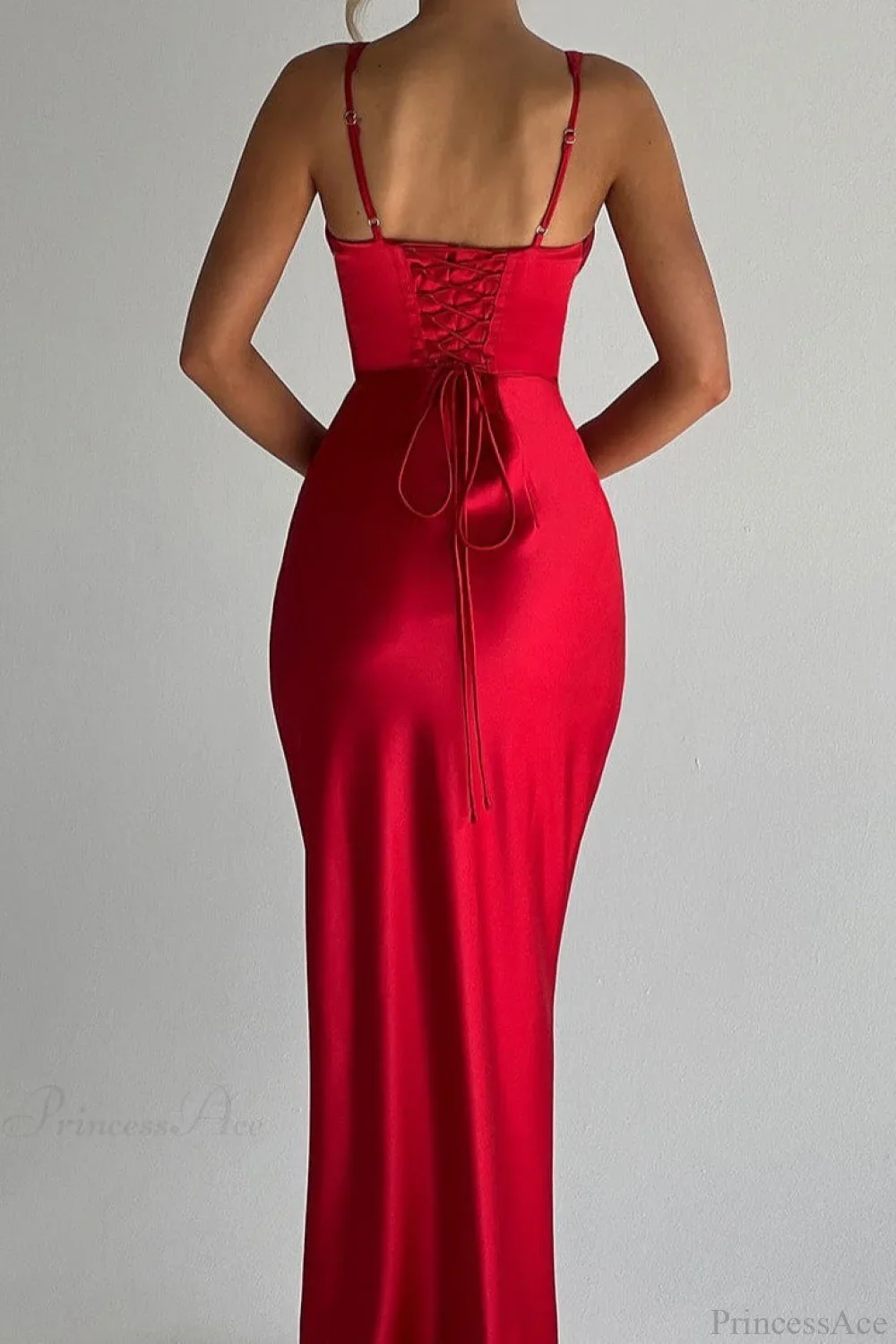 Satin Boned Spaghetti Strap Open Back Evening Dress - Image 5