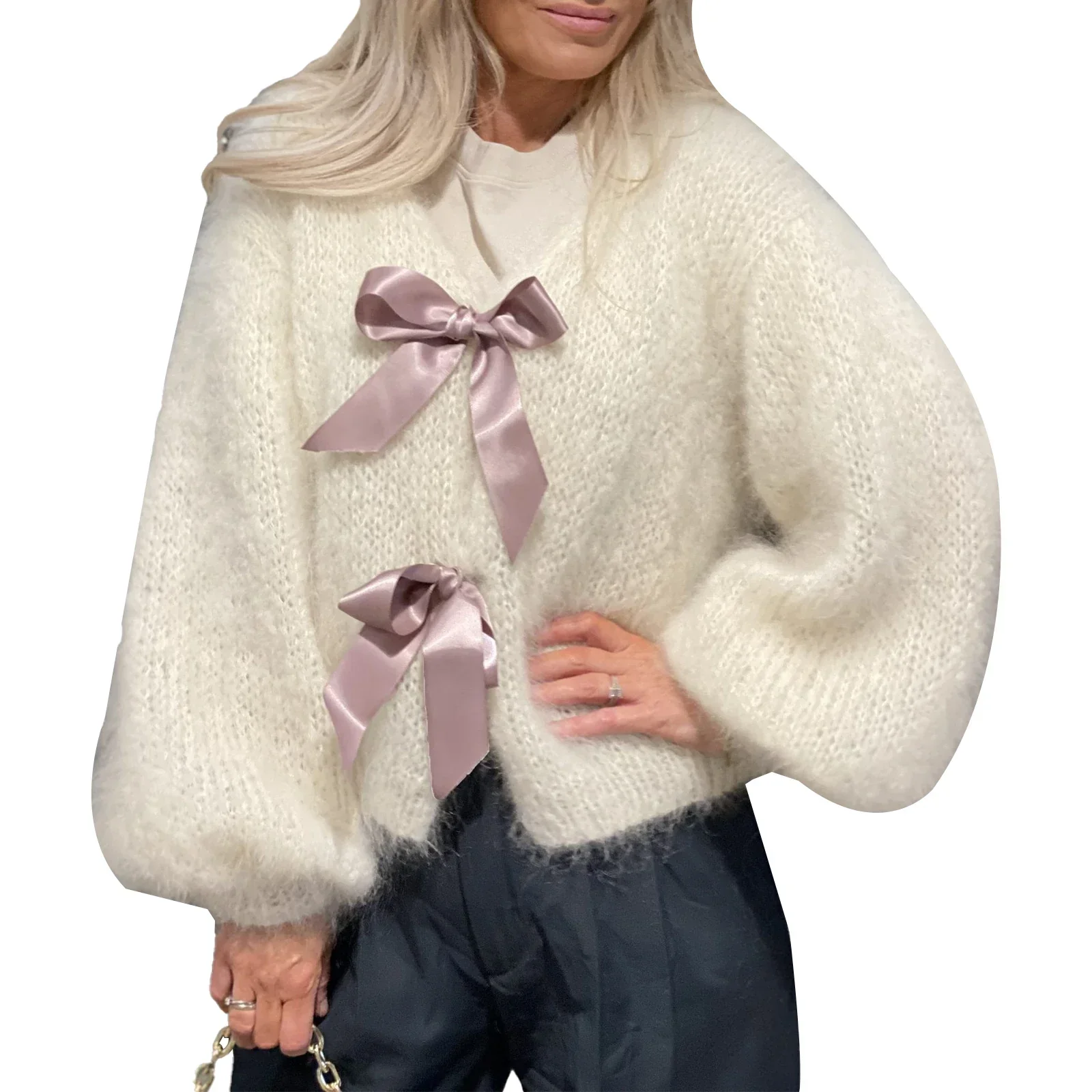 Satin Bow Tied V-neck Cardigan - Image 10