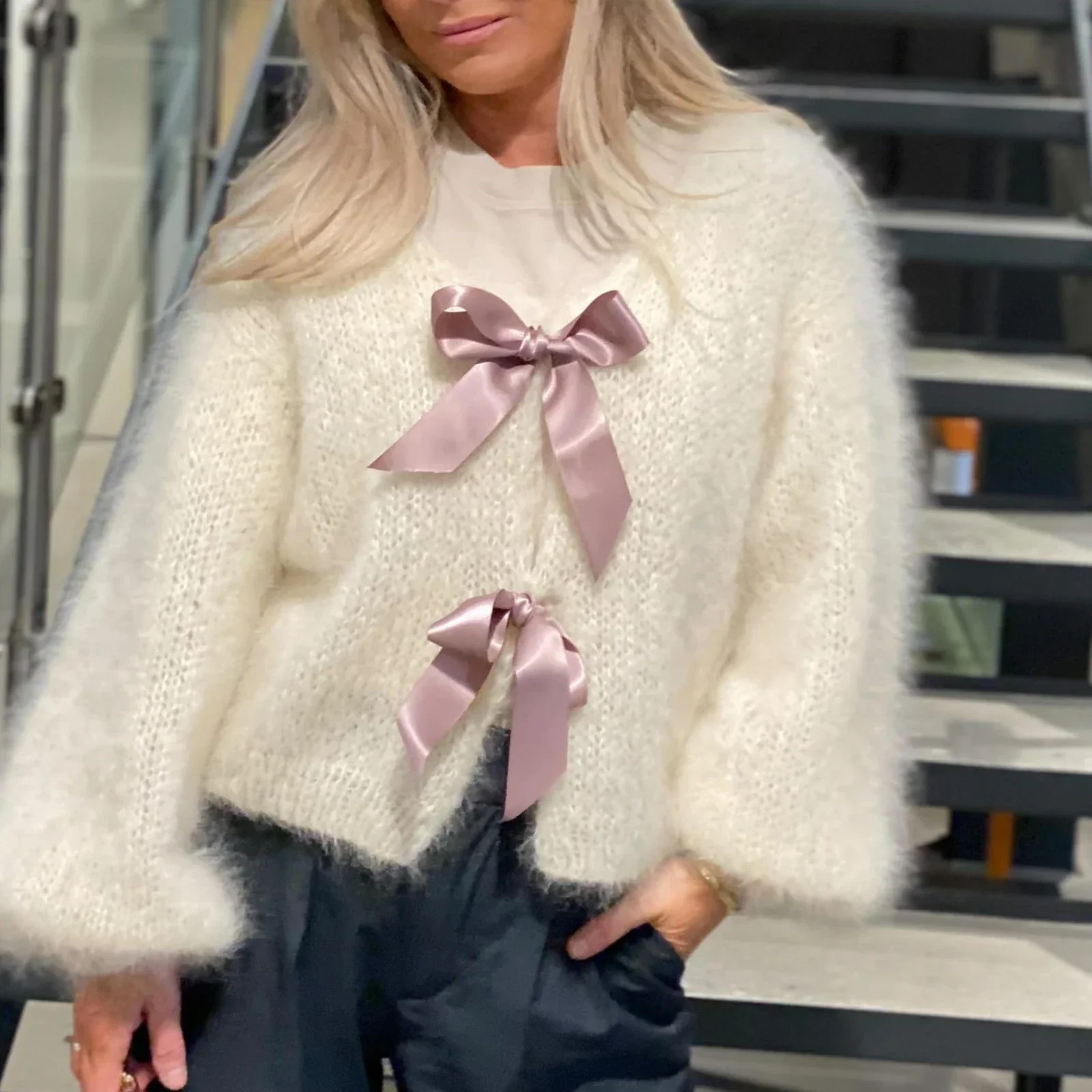 Satin Bow Tied V-neck Cardigan - Image 2