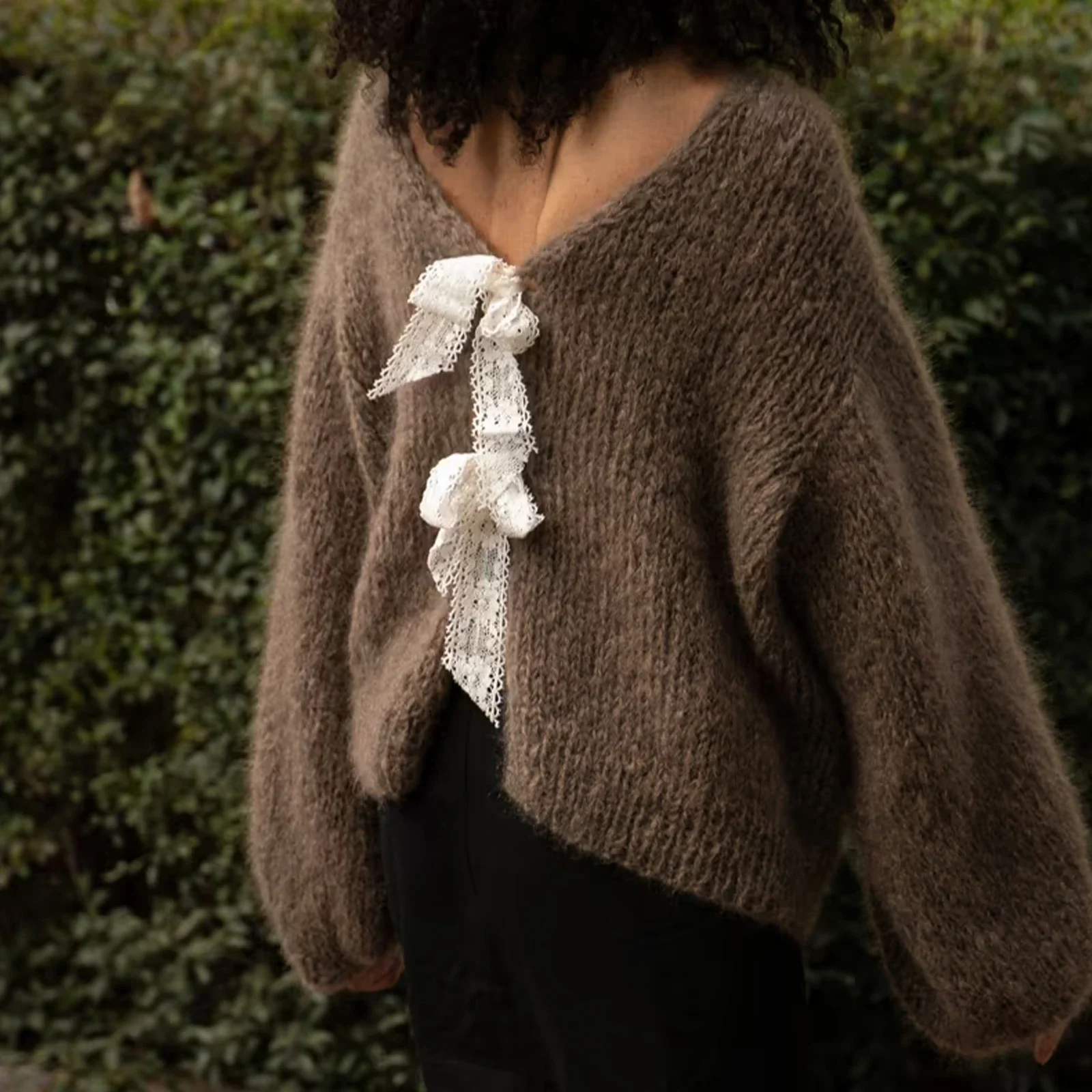 Satin Bow Tied V-neck Cardigan - Image 4