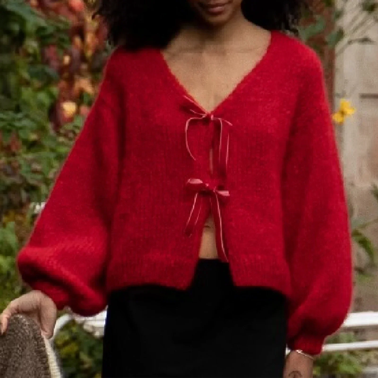 Satin Bow Tied V-neck Cardigan - Image 5