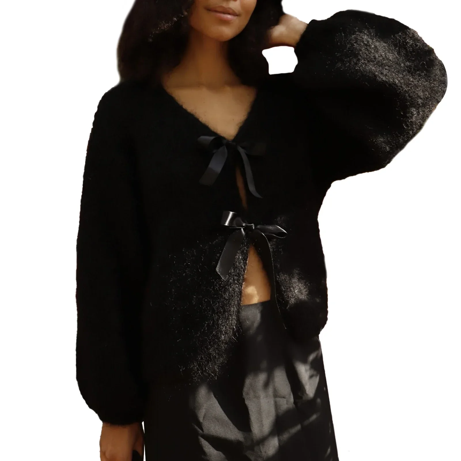 Satin Bow Tied V-neck Cardigan - Image 7
