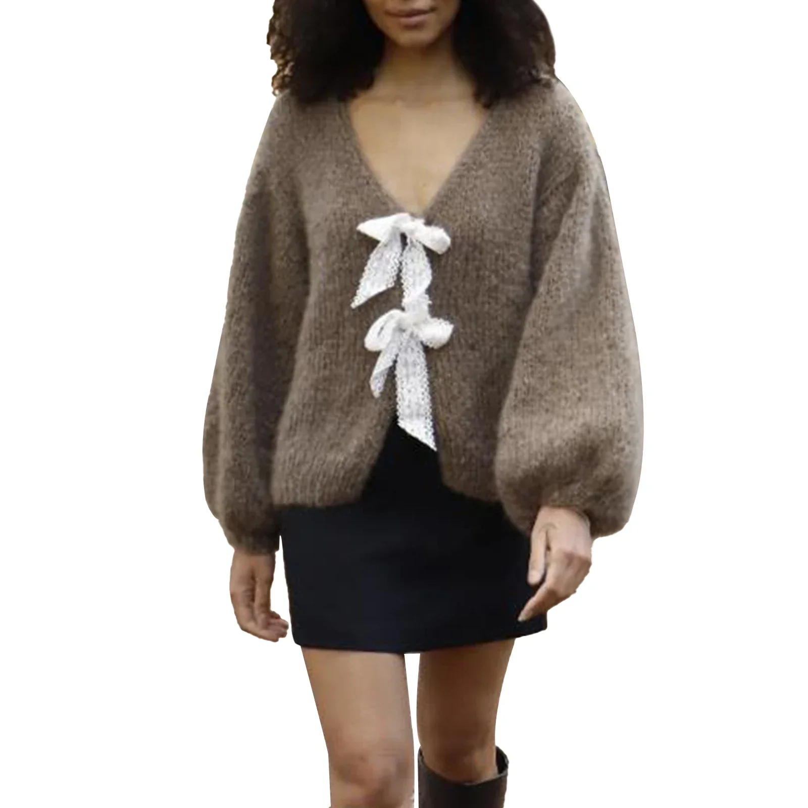Satin Bow Tied V-neck Cardigan - Image 8