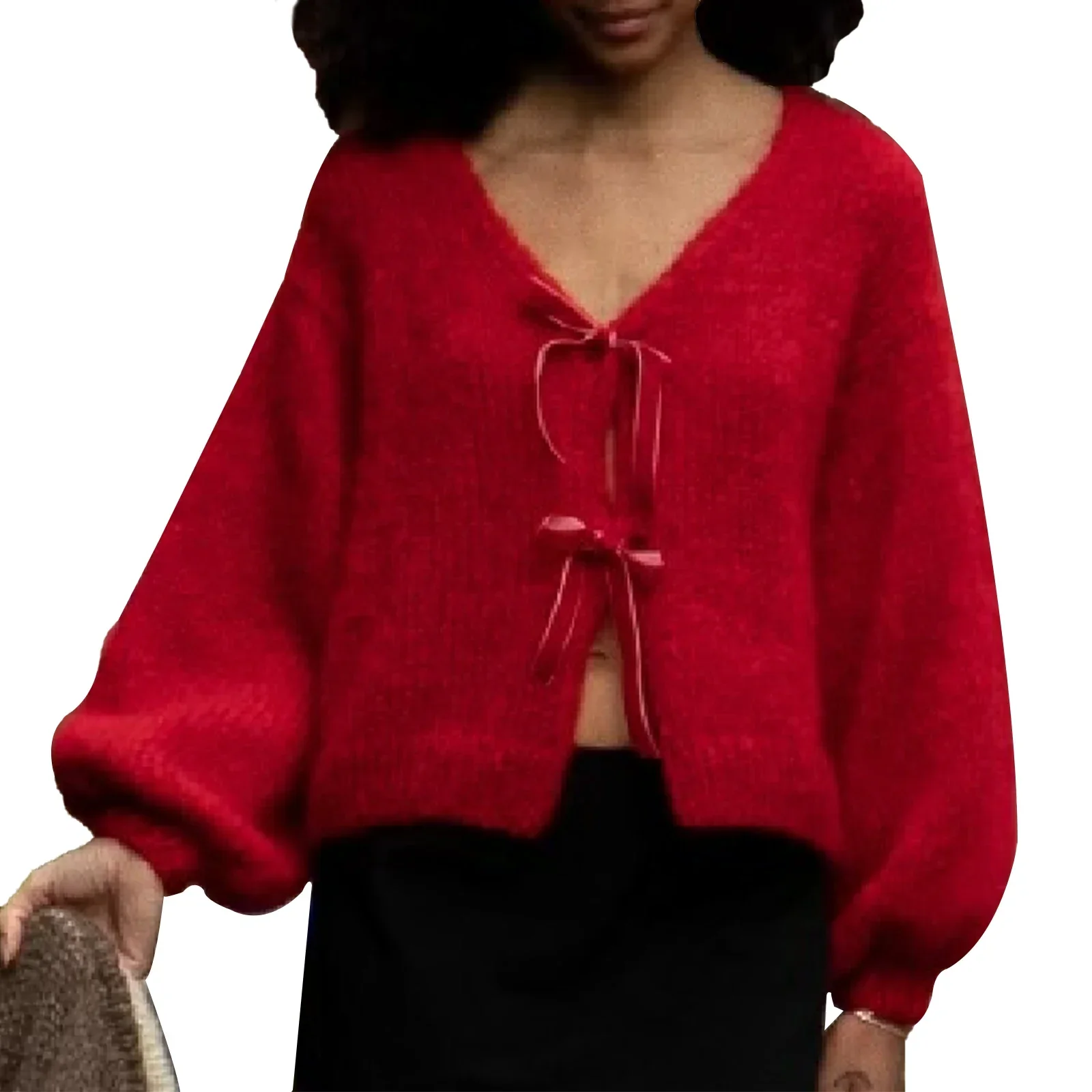 Satin Bow Tied V-neck Cardigan - Image 9