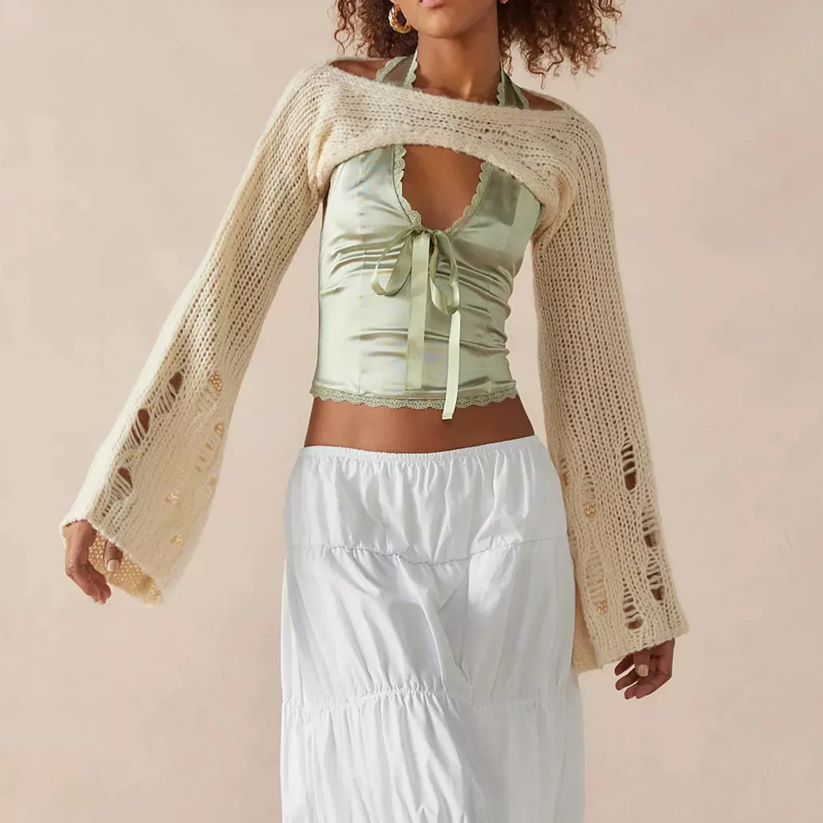Satin Bowknot V-Neck Crop Top - Image 3