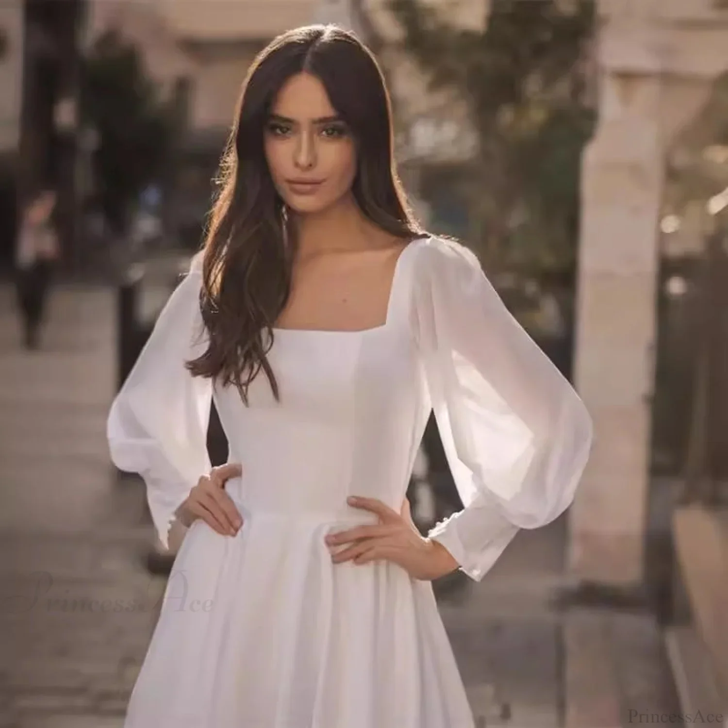 Satin Chiffon Sleeve Backless Wedding Dress - Image 2