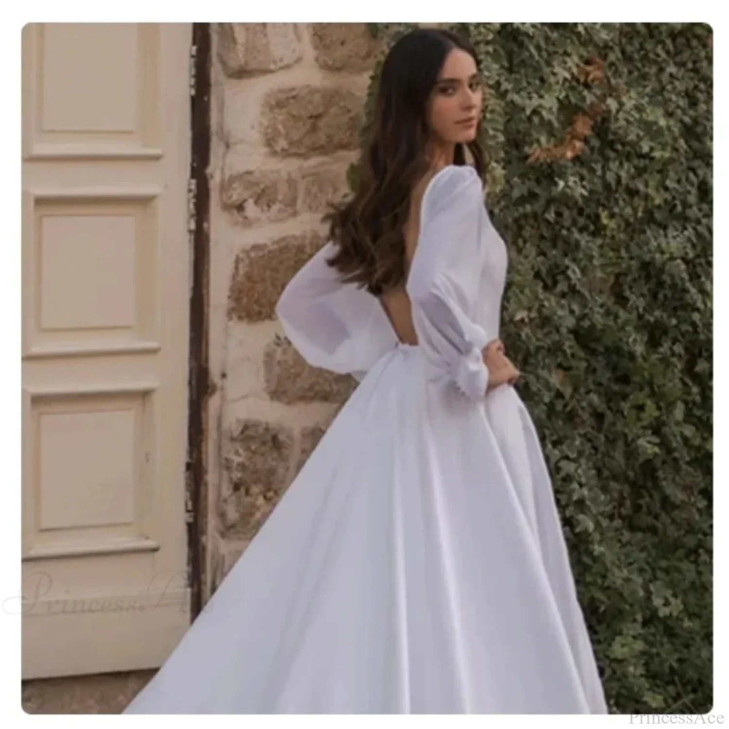 Satin Chiffon Sleeve Backless Wedding Dress - Image 3