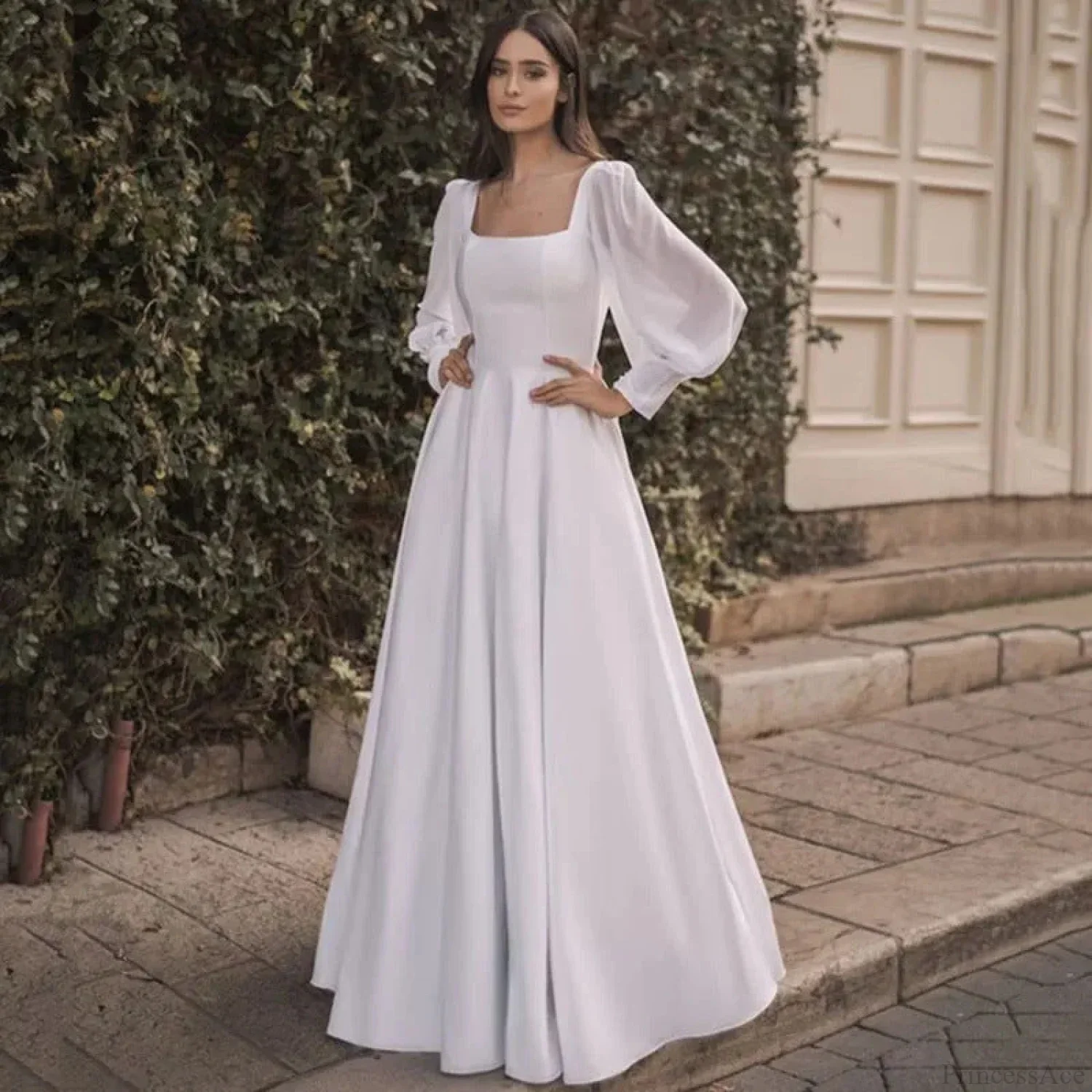 Satin Chiffon Sleeve Backless Wedding Dress - Image 4