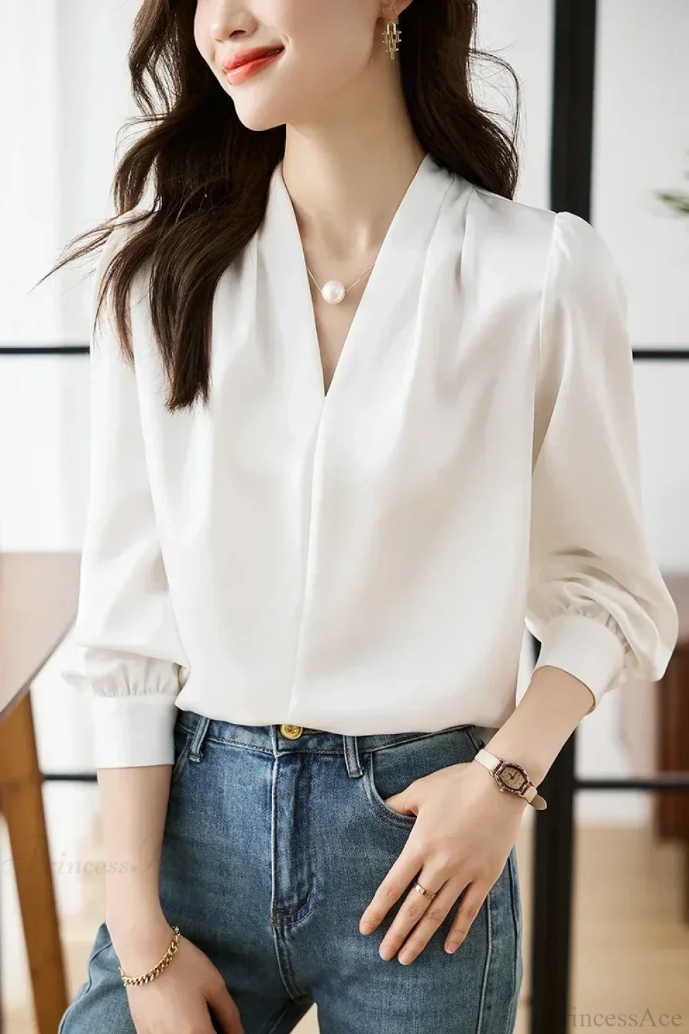 Satin Chiffon V-neck Soft Casual Blouse for Office - Image 8