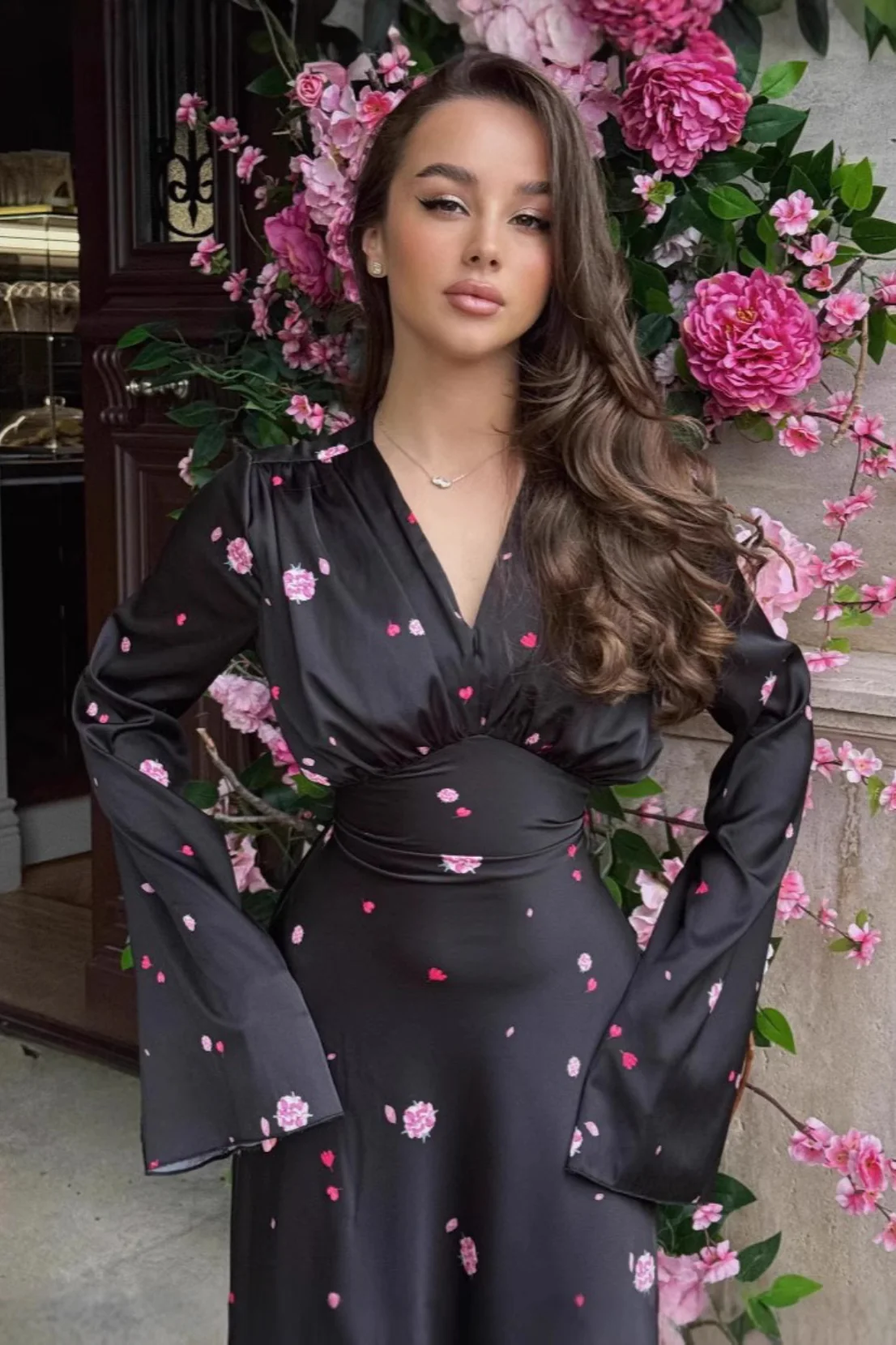 Satin Floral V Neck Flared Hem Maxi Dress - Image 4