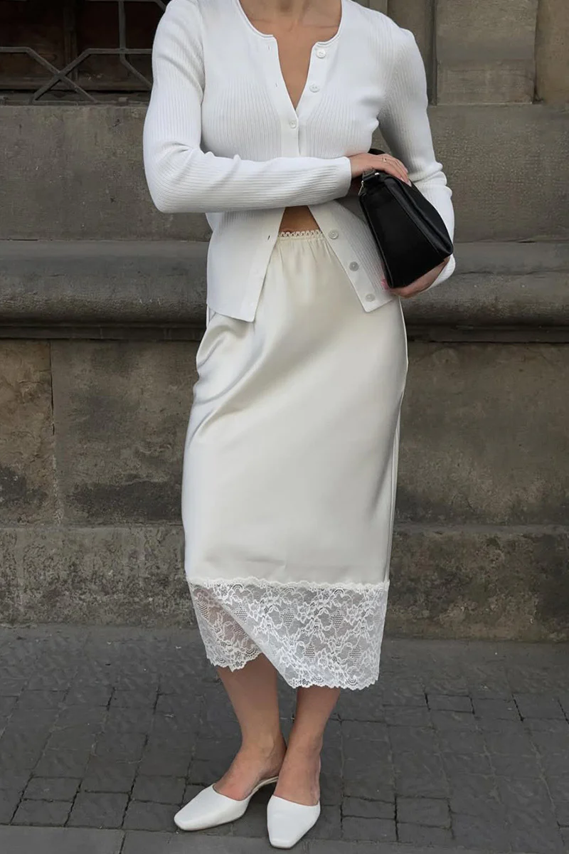 Satin Lace Trim Midi Skirt - Image 3