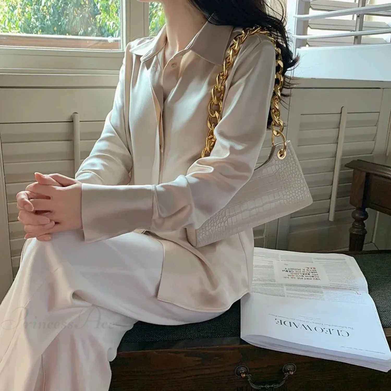 Satin Long Sleeve French Style Office Lady Blouse - Image 2