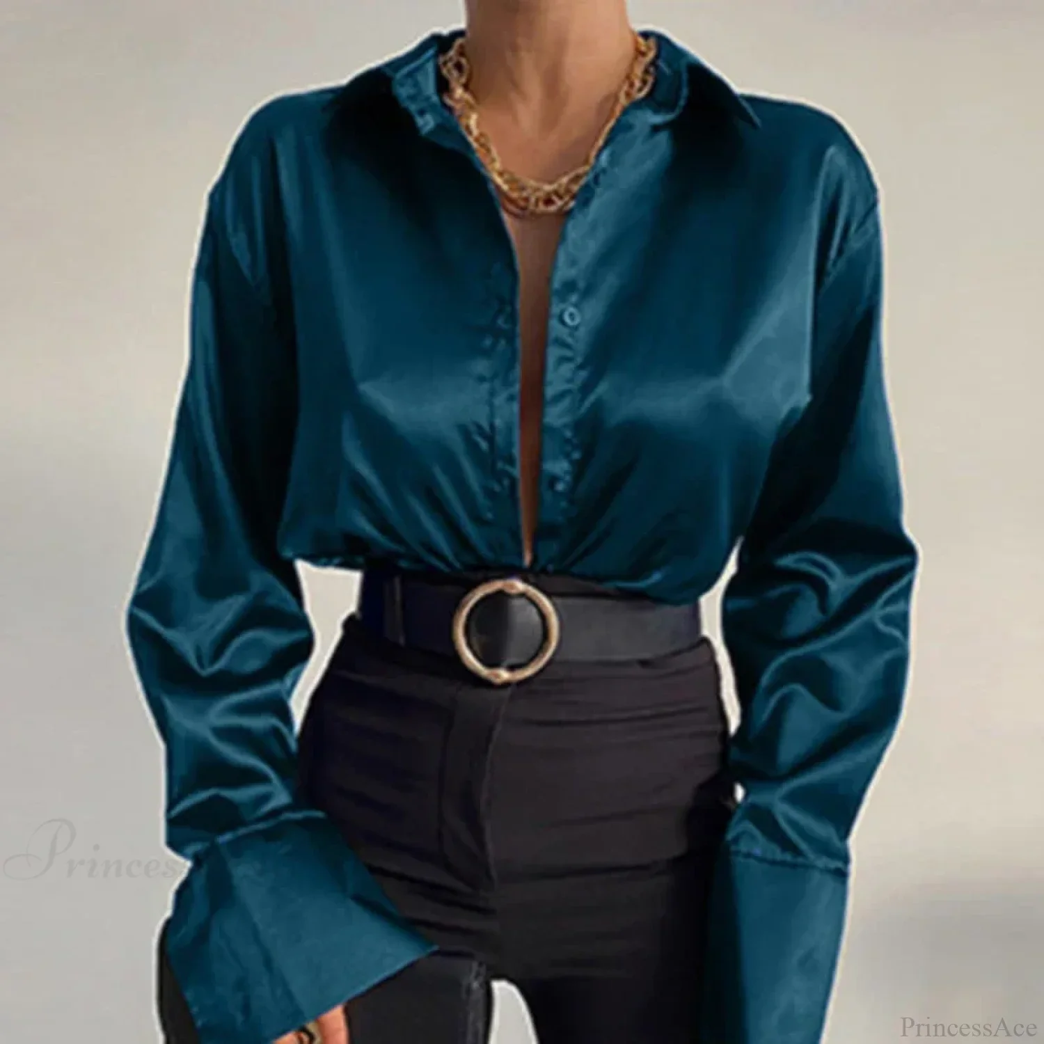 Satin Long Sleeve Vintage Blue Blouse - Image 10