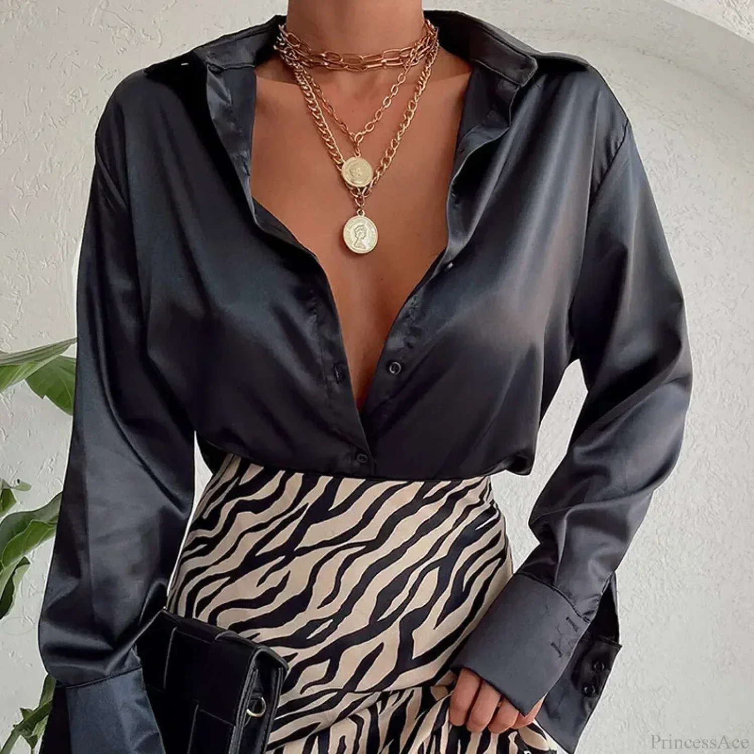 Satin Long Sleeve Vintage Blue Blouse - Image 2