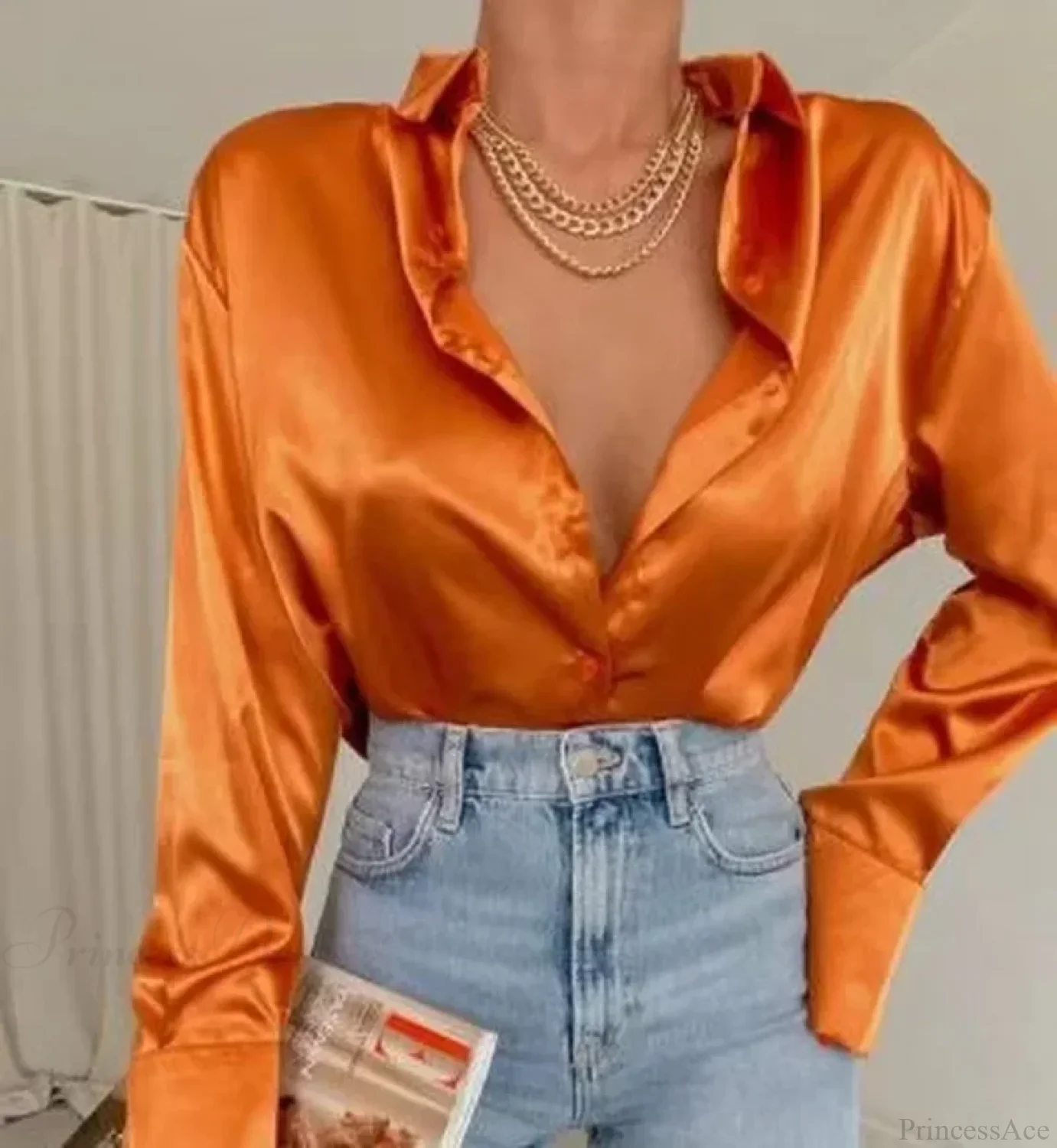 Satin Long Sleeve Vintage Blue Blouse - Image 7