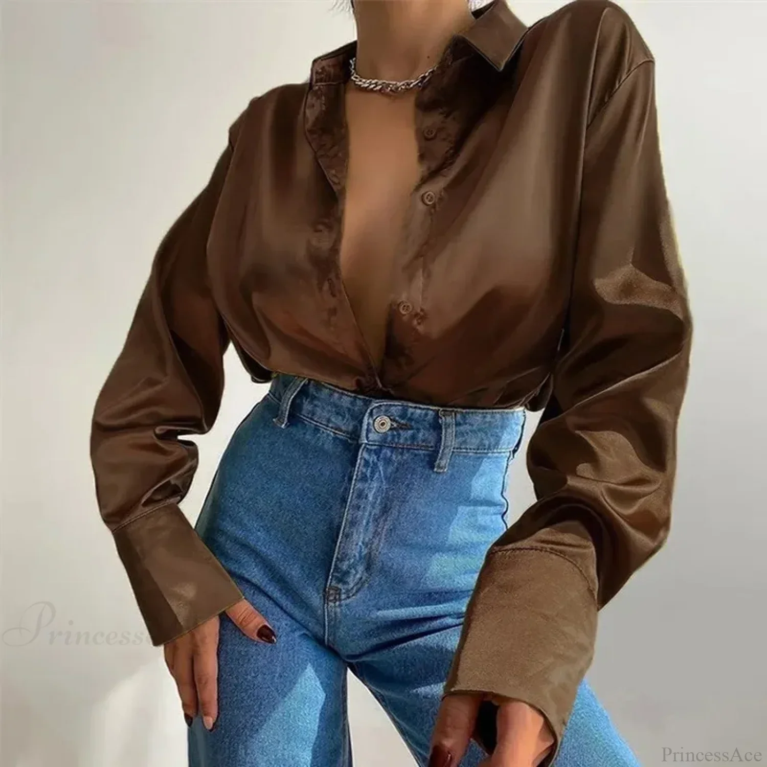 Satin Long Sleeve Vintage Blue Green Silk Button Blouse - Image 6
