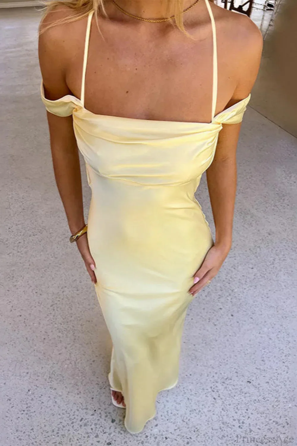 Satin Off Shoulder Backless Tie Cami Maxi Dress - Image 5