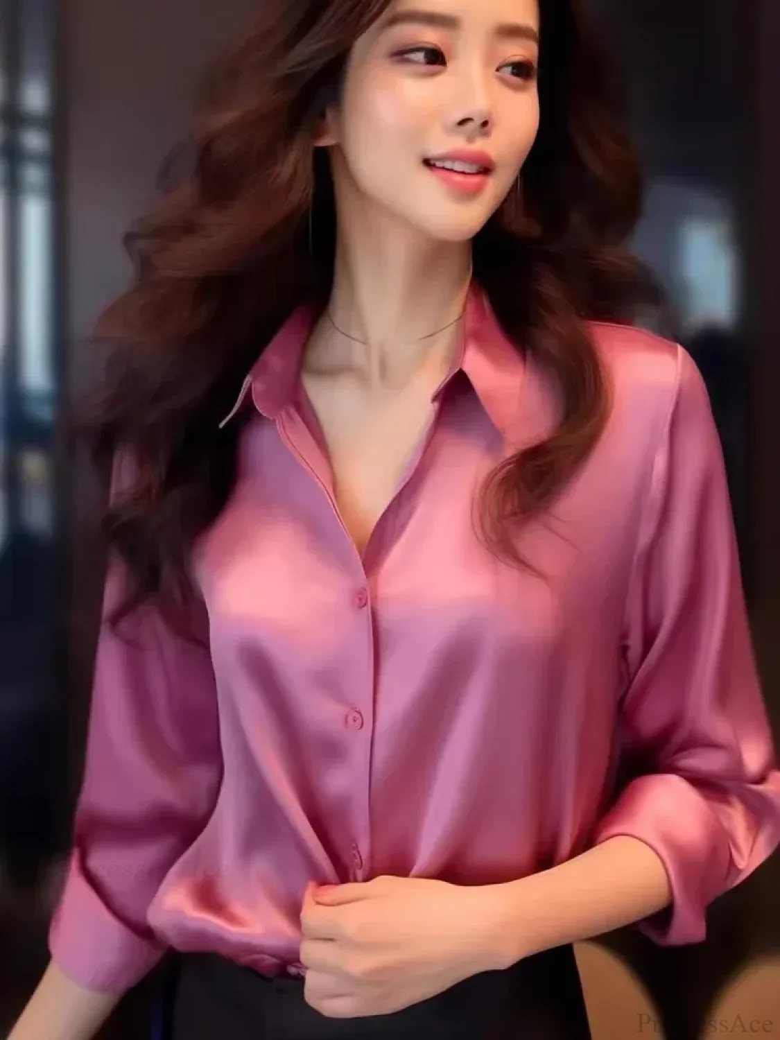 Satin Solid Long Sleeve Polo Neck Blouse - Image 11