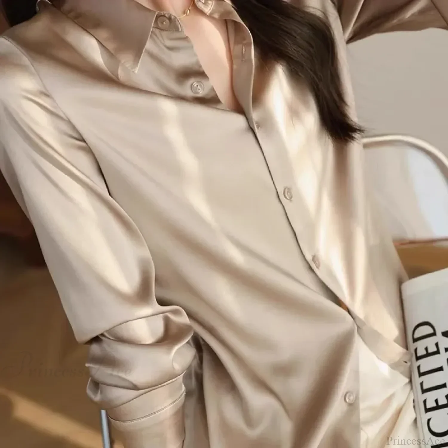 Satin Solid Long Sleeve Polo Neck Blouse - Image 12