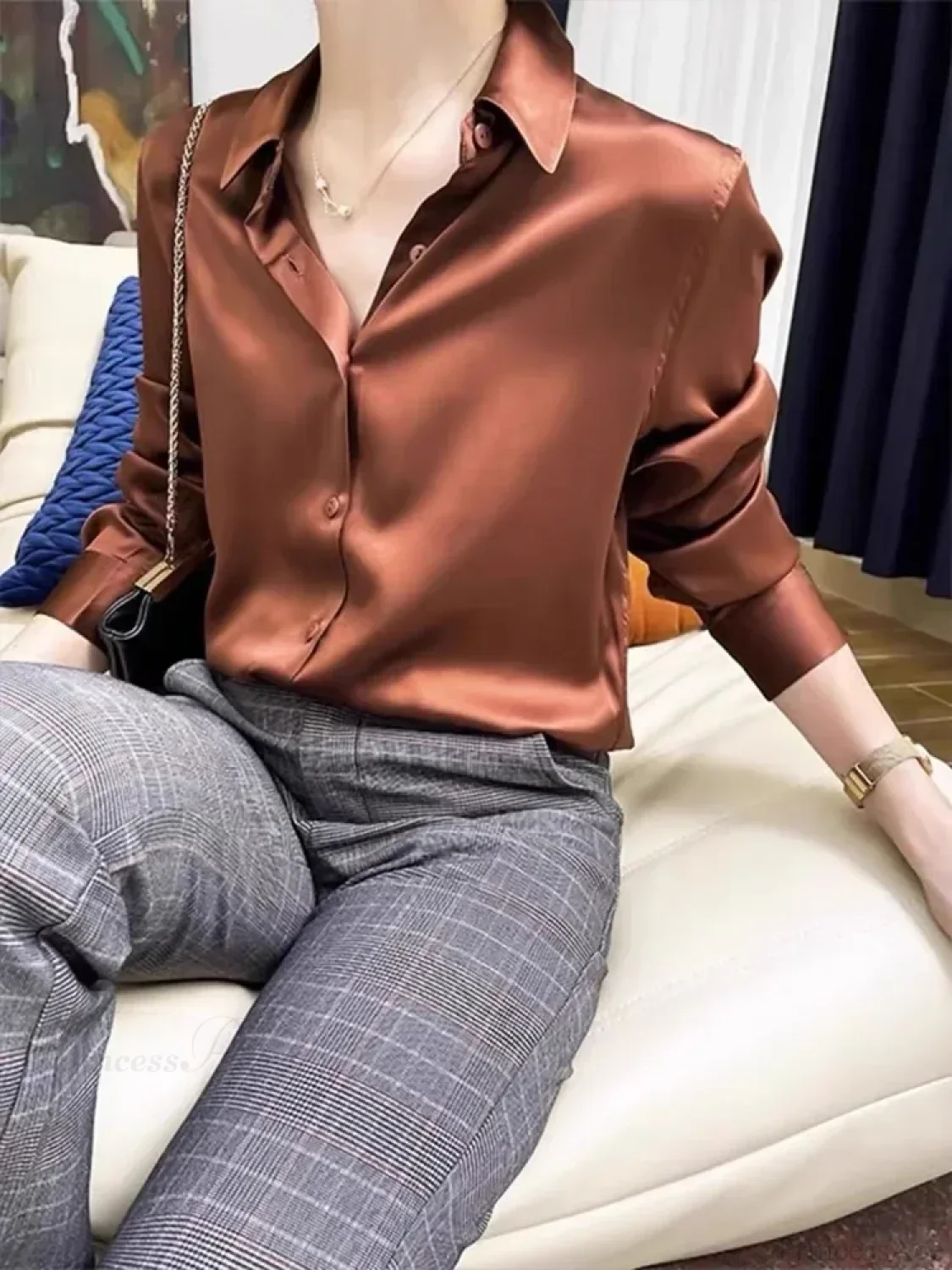 Satin Solid Long Sleeve Polo Neck Blouse - Image 13